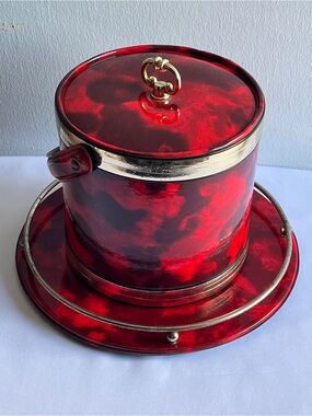 Kraftware MCM Vinyl Ice Bucket Tray Accessories Tortoise Brown Red Marble Print